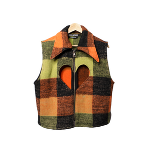 Regenerated cut out blanket vest, check pattern